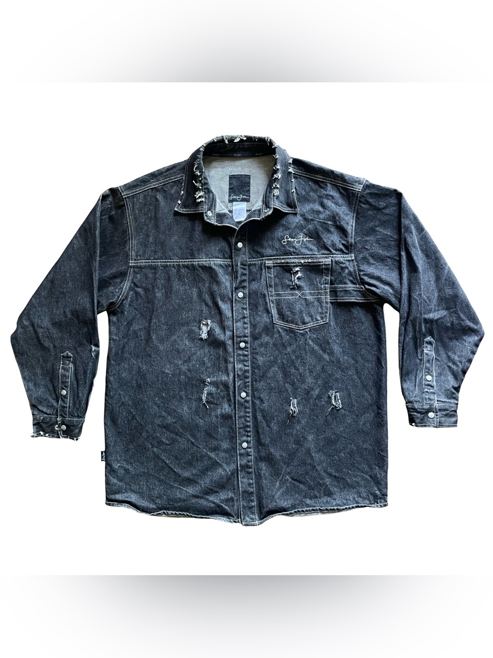 Sean John Distressed Black Denim Jacket XL Grunge Biker Punk Y2K Rave (See Pics)